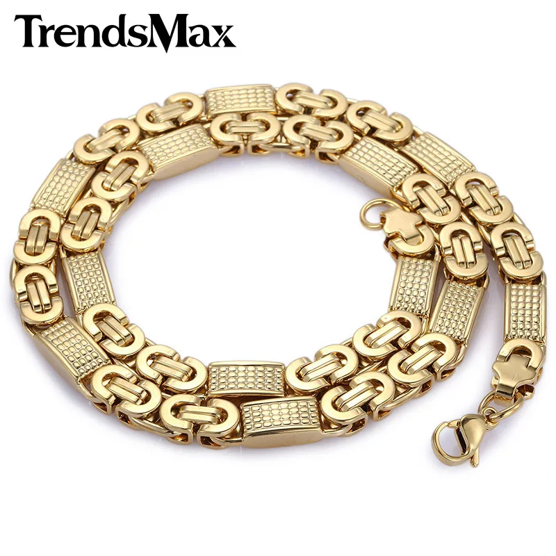 Trendsmax настроить любую длину 8 мм Золотой Цвет Плоский византийский звено из нержавеющей стали ожерелье мужской браслет-цепь KN275 KB403