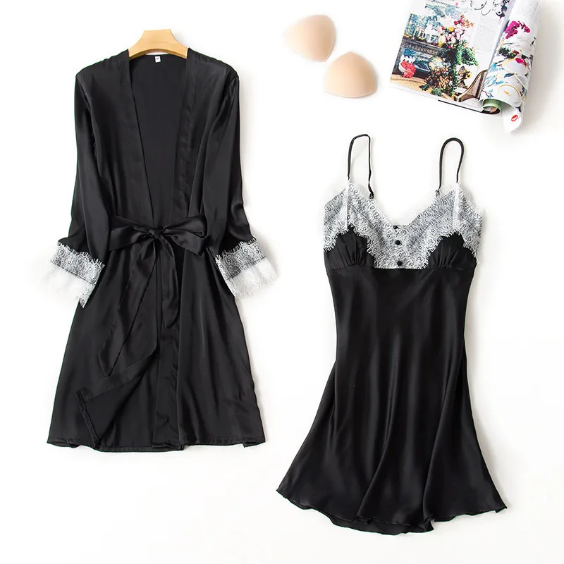 2019 Women Sleepwear Sexy Lace Gown Set Sleep Lounge Indoor Clothing Ladies Nightwear Bathrobe Nightdress With Chest Pads | Женская