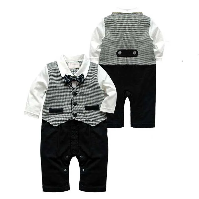 

Baby Gentleman Romper Bow Ties Decor Boy Formal Clothes Birthday Party Baby Boys Clothing Plaid Vest Boys Jumpsuits