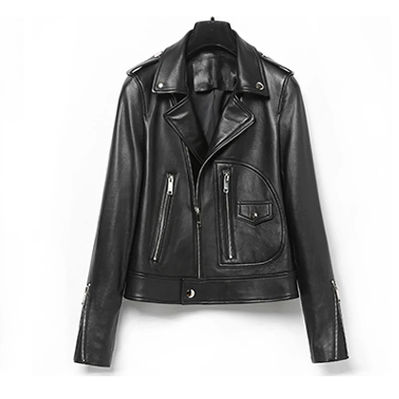 

Cockscomb Locomotive Leather Jacket Women Turn Down Collar Studs Real Sheepskin Leather Coats 2018 Autumn Winter Collection