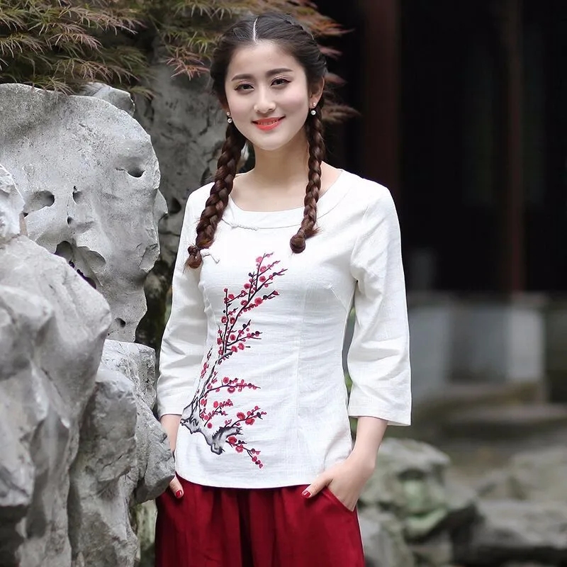 Женская рубашка из хлопка и льна белая классическая блузка в китайском стиле