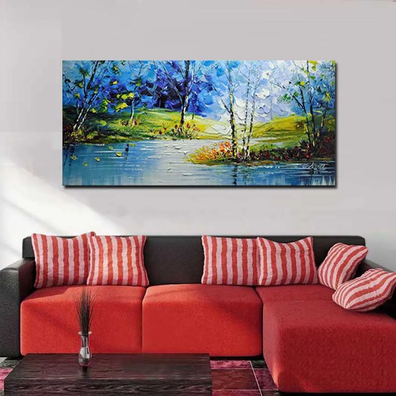 Абстрактная картина ручной работы импасто масляная река лес пейзаж холст