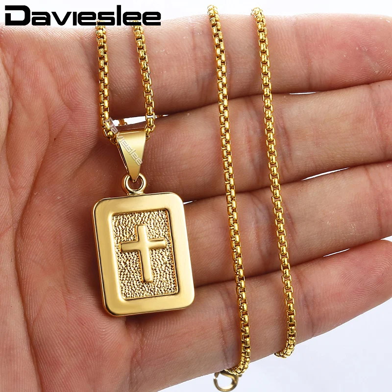 Davieslee Для мужчин s крест кулон ожерелья Dog Tag Кристиан резные религиозных золотые