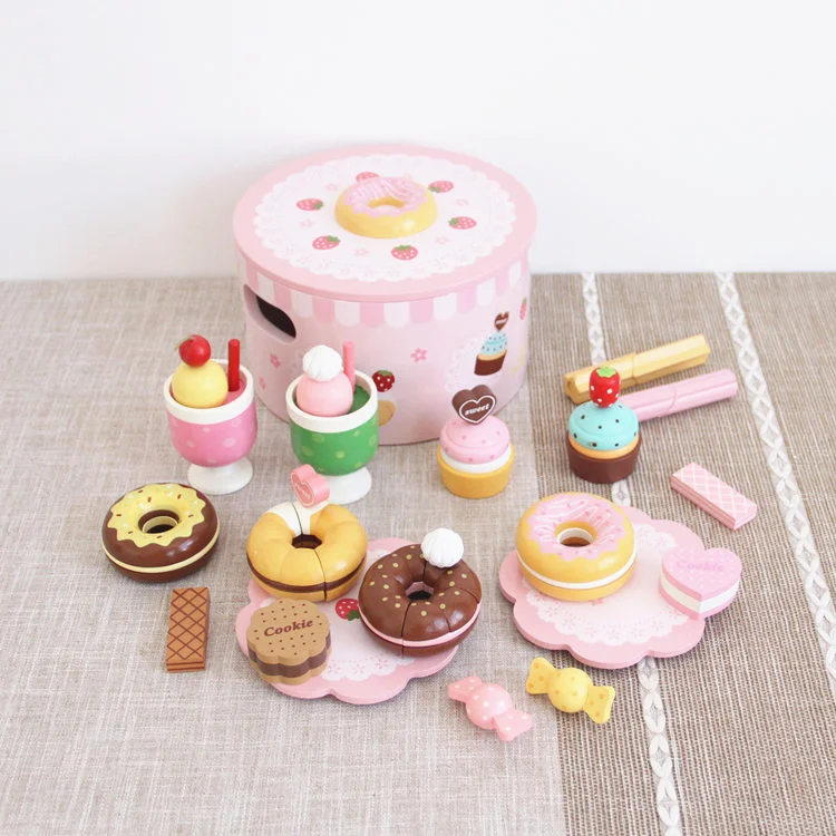 Baby Toys Strawberry Simulation Doughnut Set Wooden Toys For Kids Afternoon Tea Cake Child Educational Birthday Gift