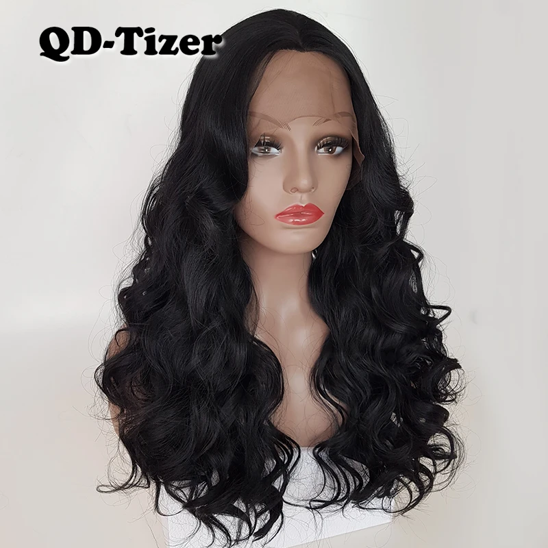 QD Tizer Body Wave черный цвет с челкой кружевные парики без клея крупные волнистые