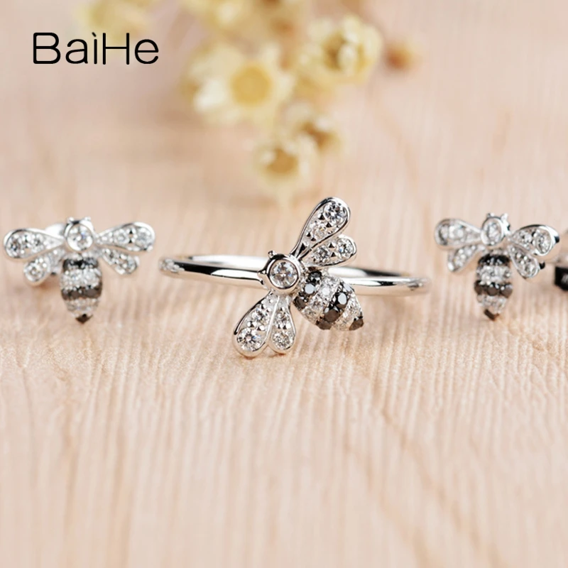 BAIHE Solid 14K White Gold 0.18ct H/SI Natural Diamonds+Black Diamonds Women Trendy Fine Jewelry Beautiful diamond bee Ring | Украшения и