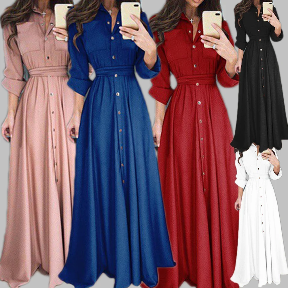Плюс размеры новое длинное платье для женщин с длинным рукавом Boho Кнопка подпушка Лето Макси Повседневная одежда свободная элегантные платья для