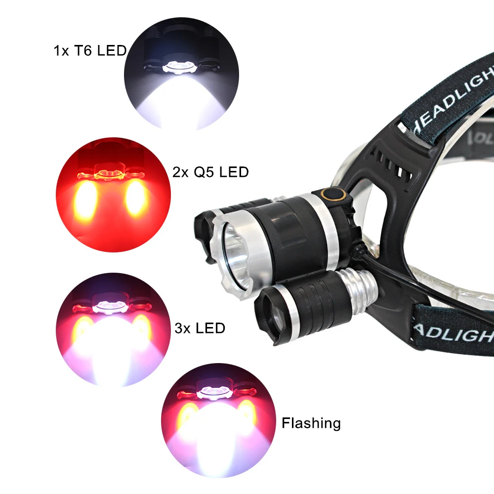 XML T6 +2x XPE LED Headlamp 3 Headlight 4 Mode Head Torch Flashlight White/Red/Green/Purple Light Fishing Hunting Lamp | Лампы и