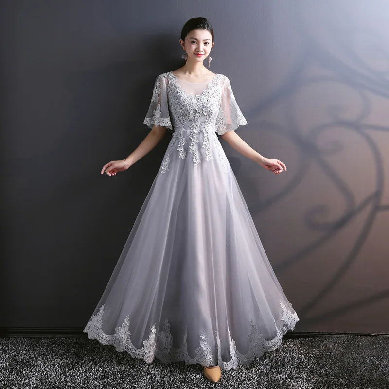 

Gray O-Neck Party Dress Flare Sleeve Evening Long Cheongsam Retro Marriage Gown Slim Wedding Qipao Lady Clothes Vestido