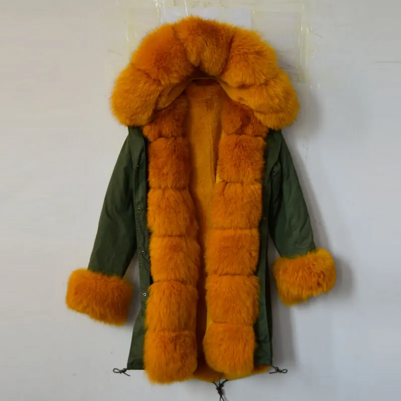 Модная парка с капюшоном и воротником из желтого лисьего меха Длинная зимняя