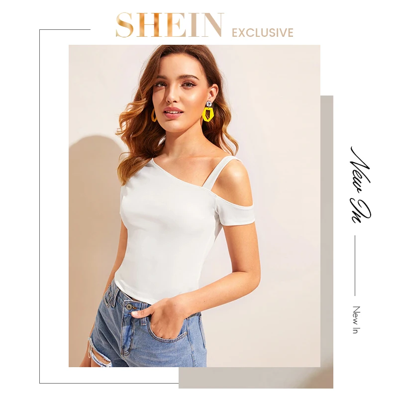 SHEIN, асимметричный однотонный топ с вырезом,, белая женская одежда с открытыми плечами, летняя футболка с коротким рукавом, облегающая футболка