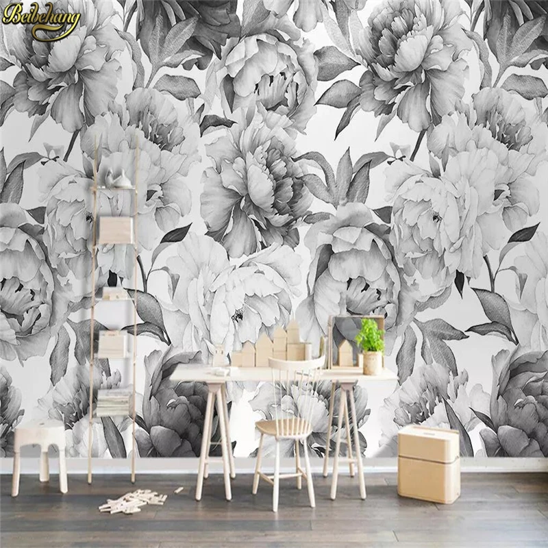 

beibehang Custom Luxury Black white peony flower photo mural wallpaper Living Room Entrance Backdrop 3D Wall Papers decoration