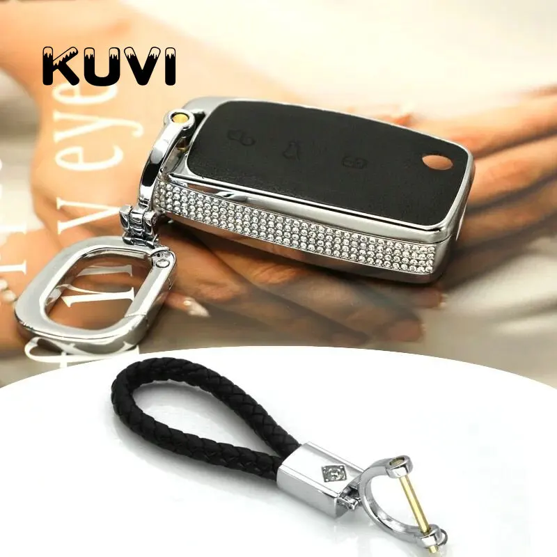 black with keychain2 Алмазный Кожаный чехол для ключей автомобиля, чехол для ключей автомобиля, подходит для Фольксваген Шкода гольф7 Поло Tiguan Passat Jetta MK5 MK6 T5 Beetle и т. д - Название цвета: black with keychain2