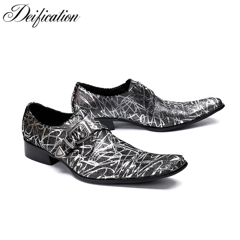 

Stylish Printed Mens Italian Leather Shoes Big Buckle Strap Men Loafers sapato social masculino Hot Square Toe Wedding Shoes Men
