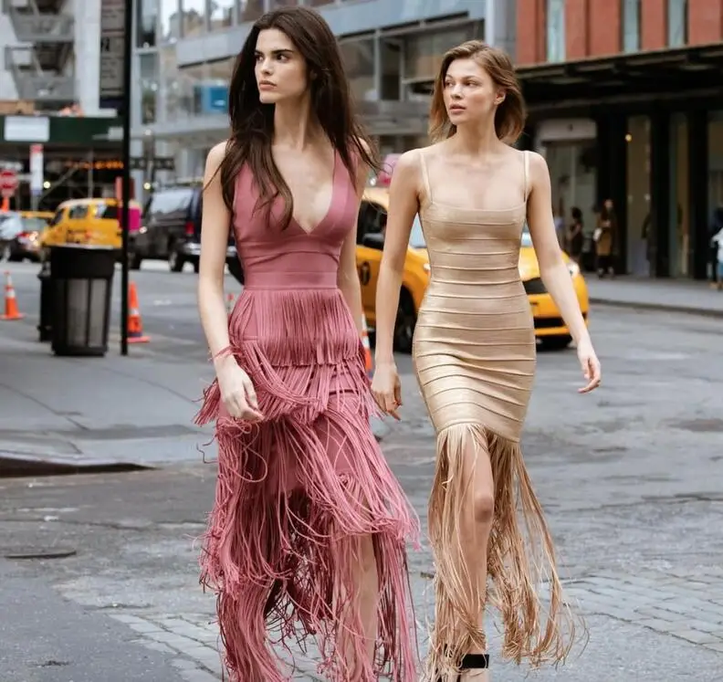 Top Quality Ladies Sexy V Neck Bronzing Gold Tassel Long Bandage Dress 2019 Knitted Elastic Party | Женская одежда