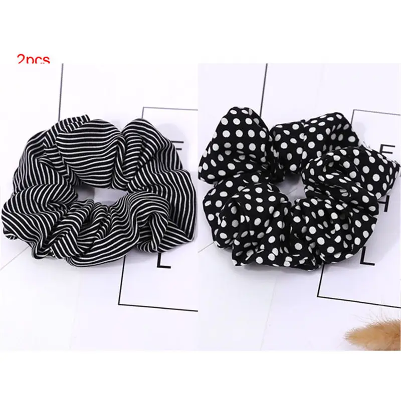 black scrunchie 2 шт./компл. в полоску, в горошек, цвета на выбор, для детей эластичная резинка для волос пакет тканью; прическа хвостик; повязка на голову резинка для волос ненаполненный силиконовый каучук для Для женщин аксессуары для волос - Цвет: black scrunchie