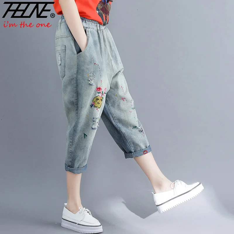 

THHONE Embroidered Jeans Women Plus Size Denim Pants Casual Trousers Calf-length Vaqueros Mujer Loose Holes Ripped Jeans