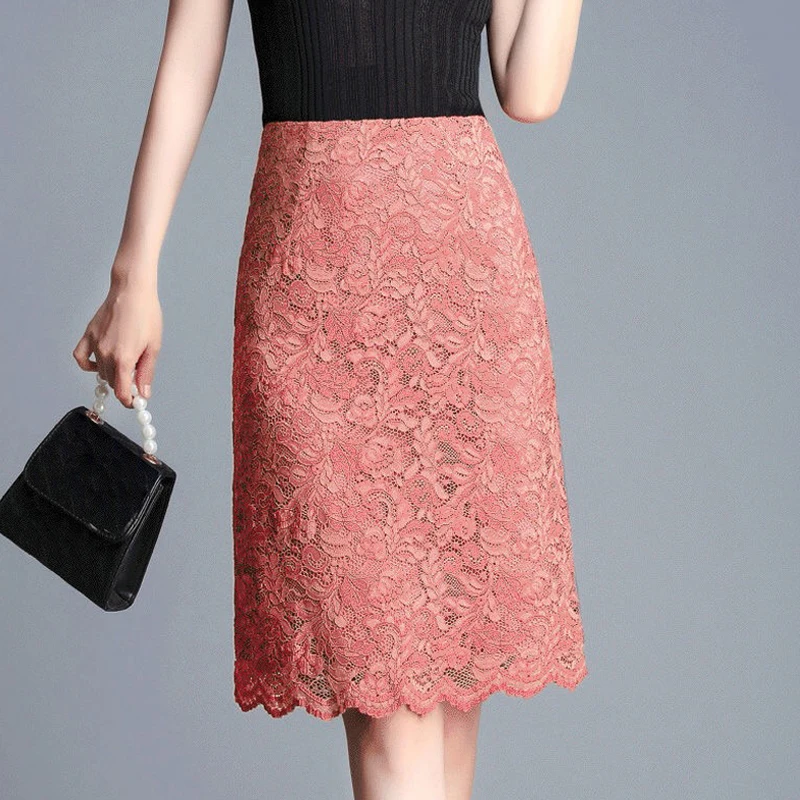 Summer Korean Women Female High Waisted Lace Pencil Skirt, Office Lady Womens Black Slim 4xl Skinny Knee Length Skirts