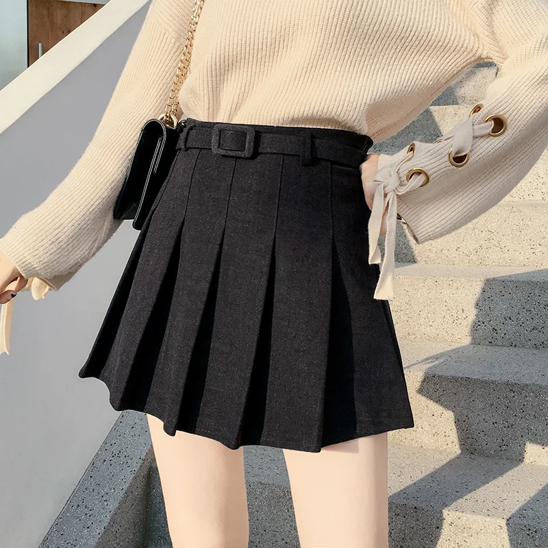 Женская плиссированная мини юбка с высокой талией шерстяная поясом зима