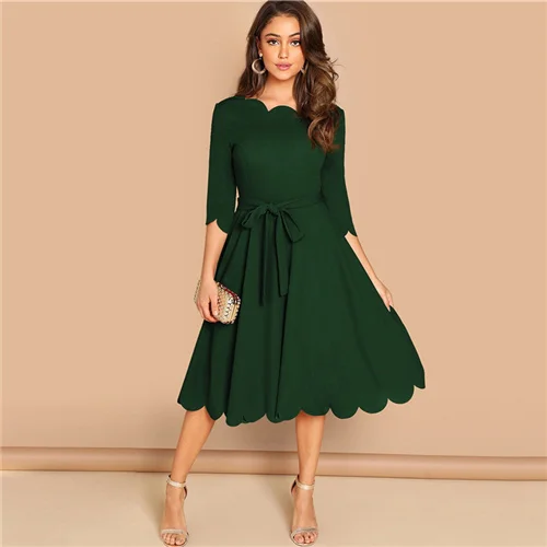 Green2 Sheinside, элегантное облегающее платье с зубчатыми краями, женское Бордовое платье с рукавом 3/4, однотонные платья-карандаш, женские вечерние платья, ночные дамы миди платье - Цвет: Green2