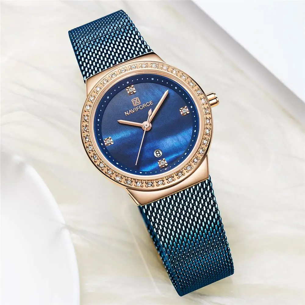 Модные брендовые женские кварцевые часы NAVIFORCE с сетчатыми ремнями из нержавеющей