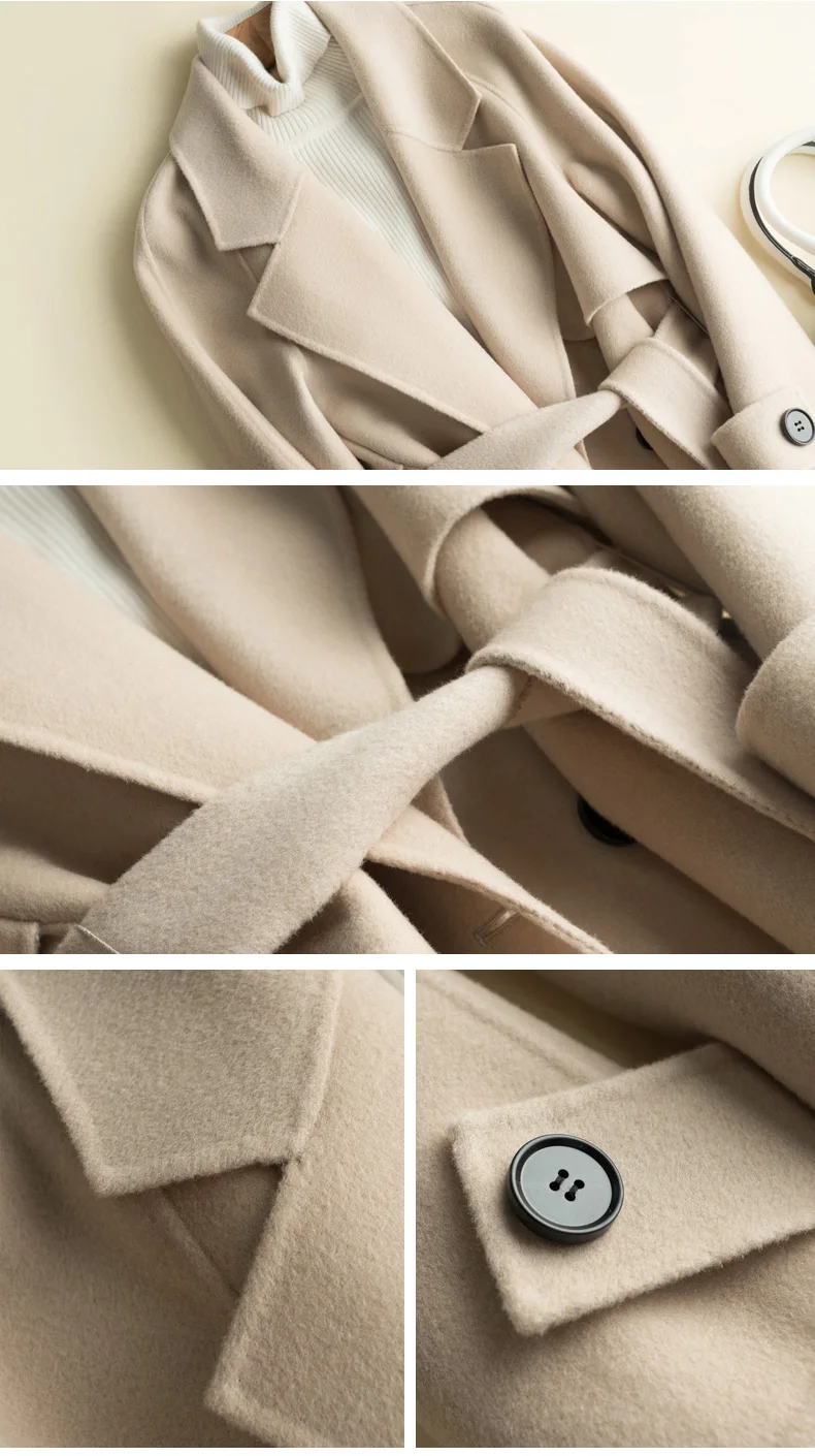 New Autumn Winter Pure Handmade Cashmere Coat Women Trench Cardigan Double Faced Wool Jacket Ladies Solid Overcoat X28