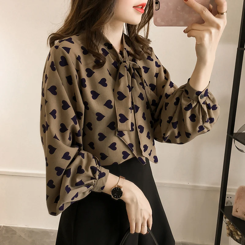 2018 Весна Для женщин блузка сладкий свободные печати лук Фонари с длинным рукавом