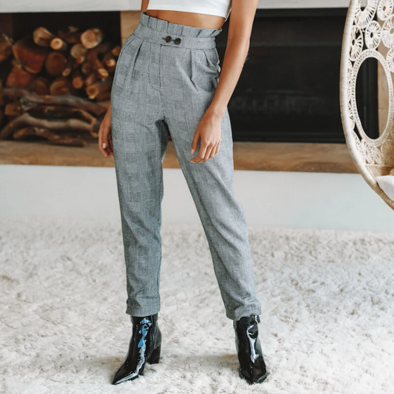 Женские серые клетчатые брюки с высокой талией плиссированные шаровары открытая