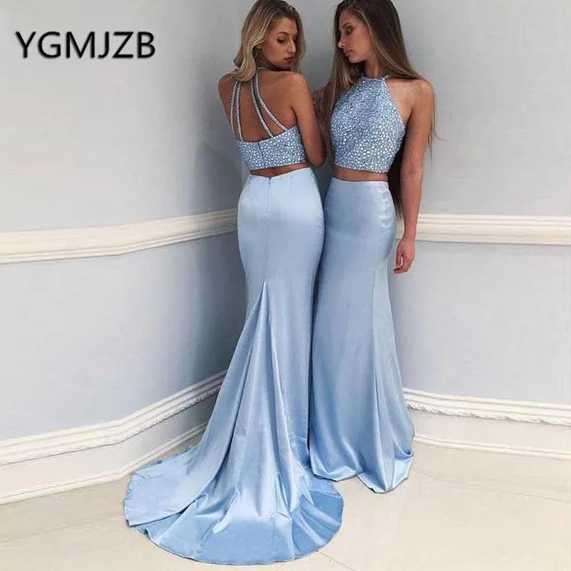 Glitter Beaded Crystal Blue Evening Dresses Long 2019 Mermaid Halter Satin 2 Pieces Prom Gown Women Formal Party Dress | Свадьбы и