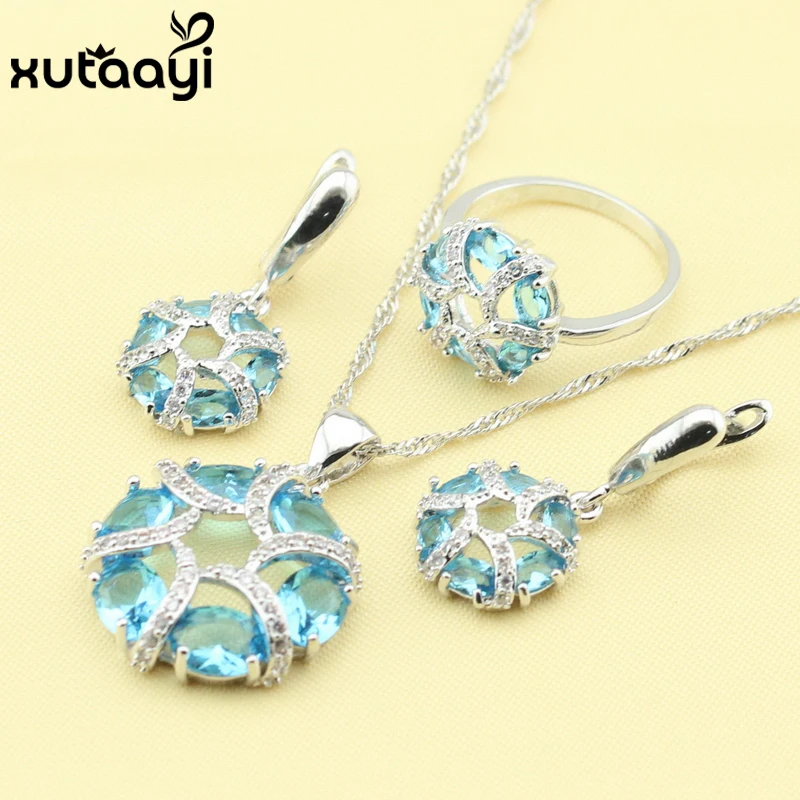 Комплект из колье серёг и кольца с синим синтетическим Цирконом|colorful jewelry sets|fashion