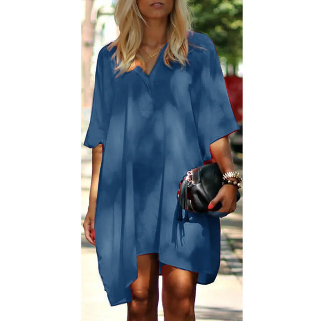 Women Clothes 2019 Solid V-Neck Oversized Dress Loose 1/2 Sleeved Ruffled Kaftan Mini Drop Shipping New Arrival | Женская одежда