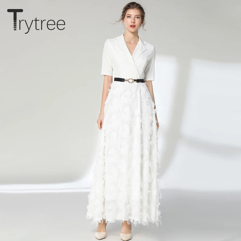 Trytree летнее платье элегантное с перьями черное белое однотонное женское поясом