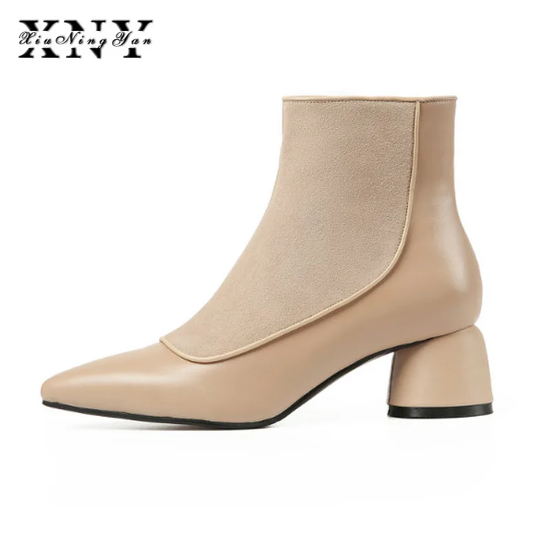 

Ankle Boots Women Winter Shoes Pointed Toe Genuine Leather Shoes Woman Med Heels Zipper Boots Fashion Chelsea Boots Plus Size
