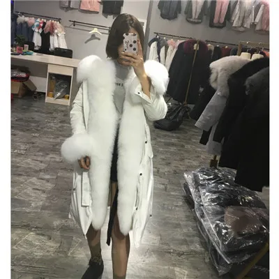 CKMORLS новое зимнее пальто женские парки с лисьим мехом воротник натуральный Лисий мех куртки длинные большие размеры Топы натуральный мех парка пальто - Цвет: white and white