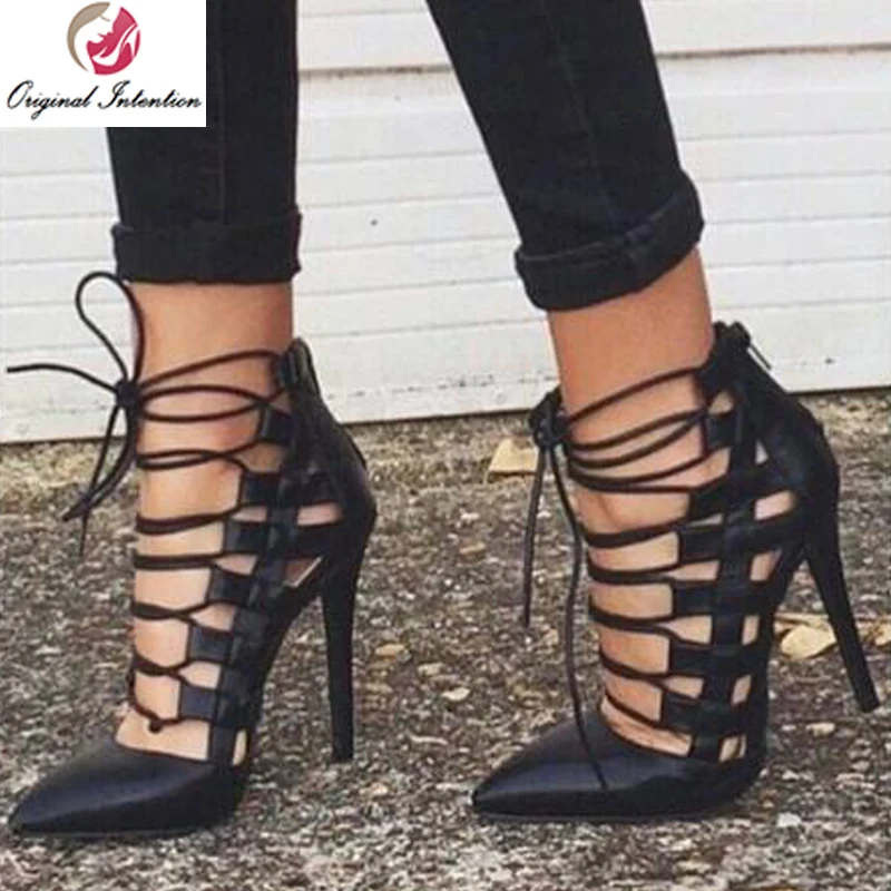 

Original Intention Fashion Gladiator Women Sandals Cross-tied Pointed Toe High Heels Sandalias Mujer Black Shoes Woman Plus Size