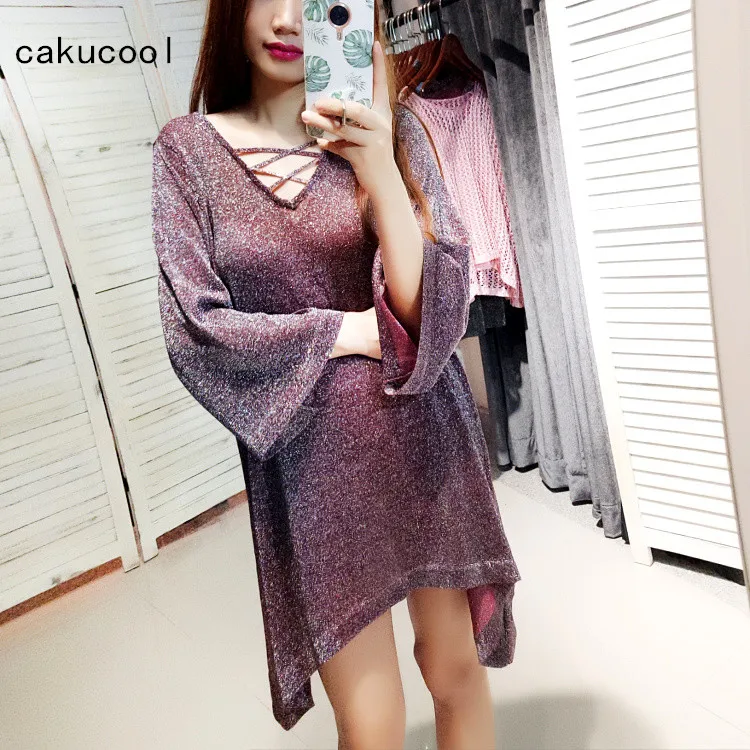 Женское асимметричное платье с люрексом Cakucool серебристое трикотажное длинными