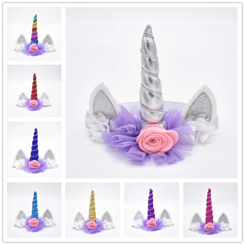 Металлический Золотой/Серебряный рожок единорога с цветами шифоновый обруч для