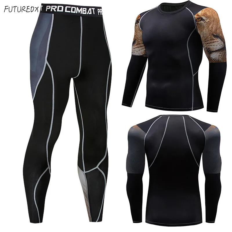 High quality lion head men MMA clothing crossfit thermal underwear fitness clothes men's compression sportswear suit | Мужская