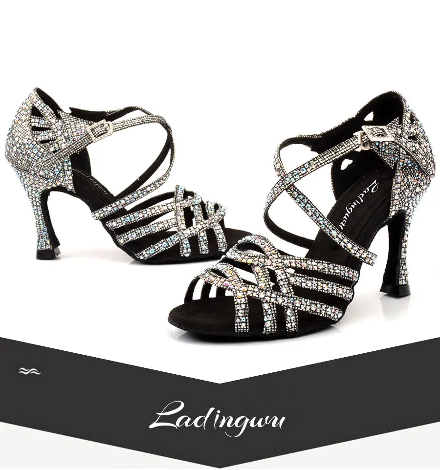 Ladingwu Zapatos De Baile Professional/черные женские танцевальные туфли черного цвета в клетку, на высоком каблуке, для сальсы, для латинских танцев, со стразами