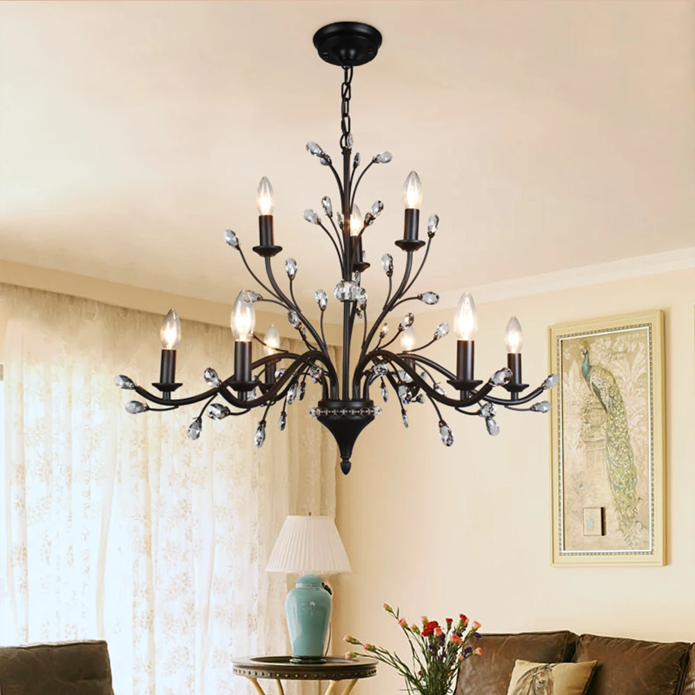 Люстра светодиодная из черного железа E14 K9 с кристаллами для отеля лофта столовой