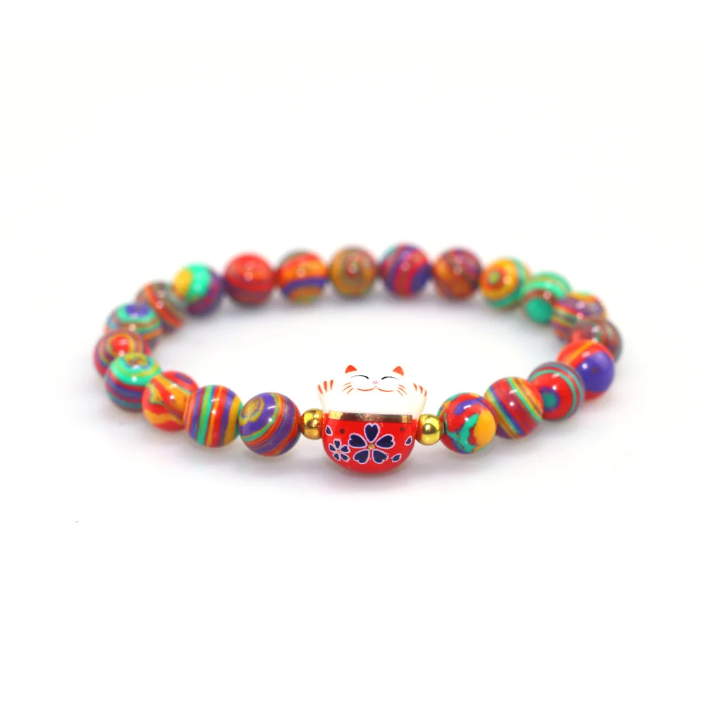 50 шт./лот Для женщин Lucky Cat Браслеты обсидиан эластичная веревка браслет из натурального камня бусины браслет керамическая фигура «Счастливая Кошечка» милый браслет