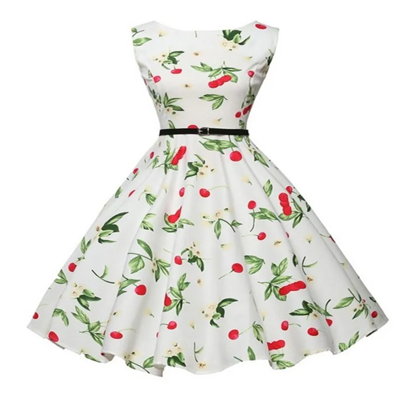 Ретро Одри Хепберн 50 s Vintage Платья Красная Вишня Хлопка Рукавов Пояса Дамы