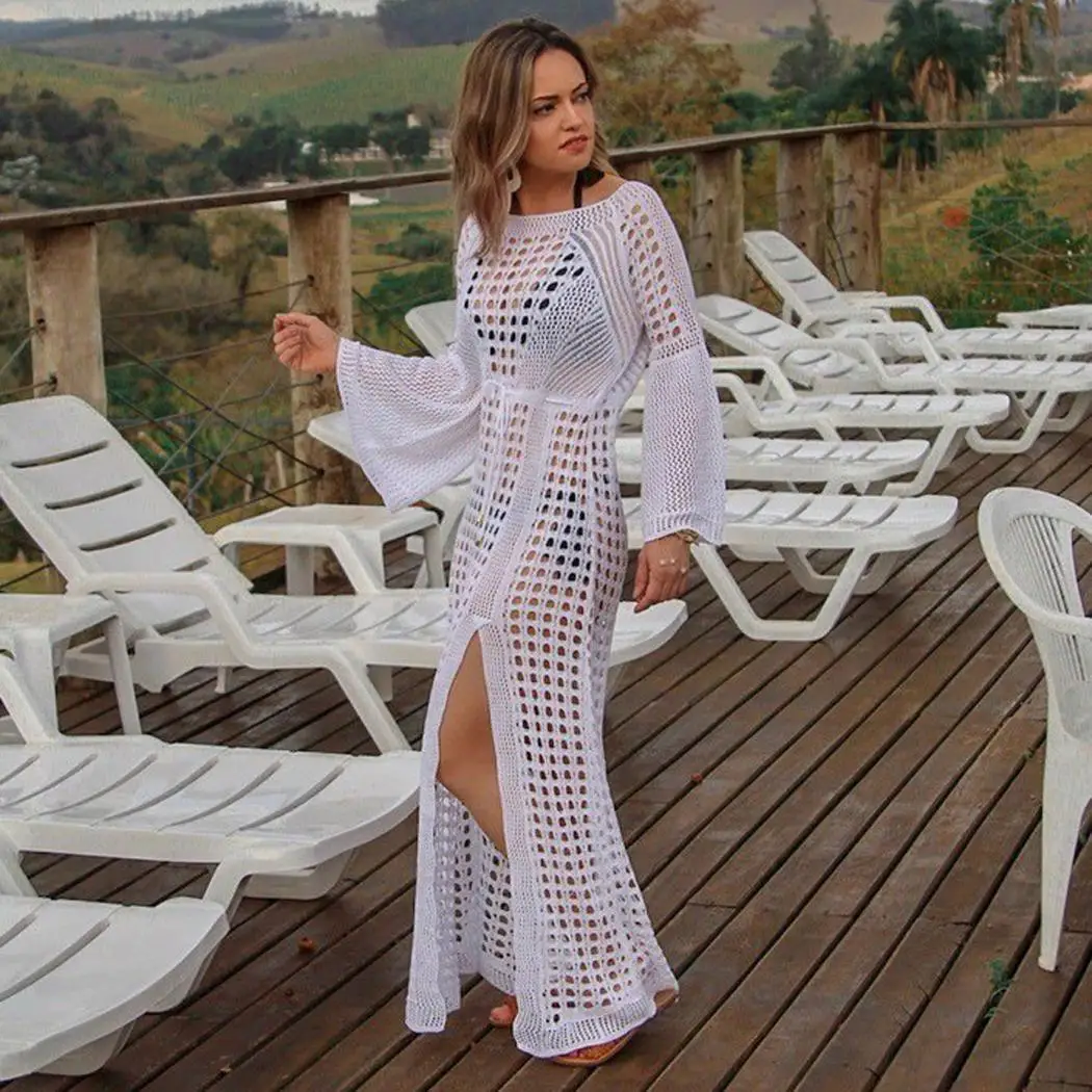 Женское свободное стильное вязаное бикини с круглым вырезом и длинным рукавом