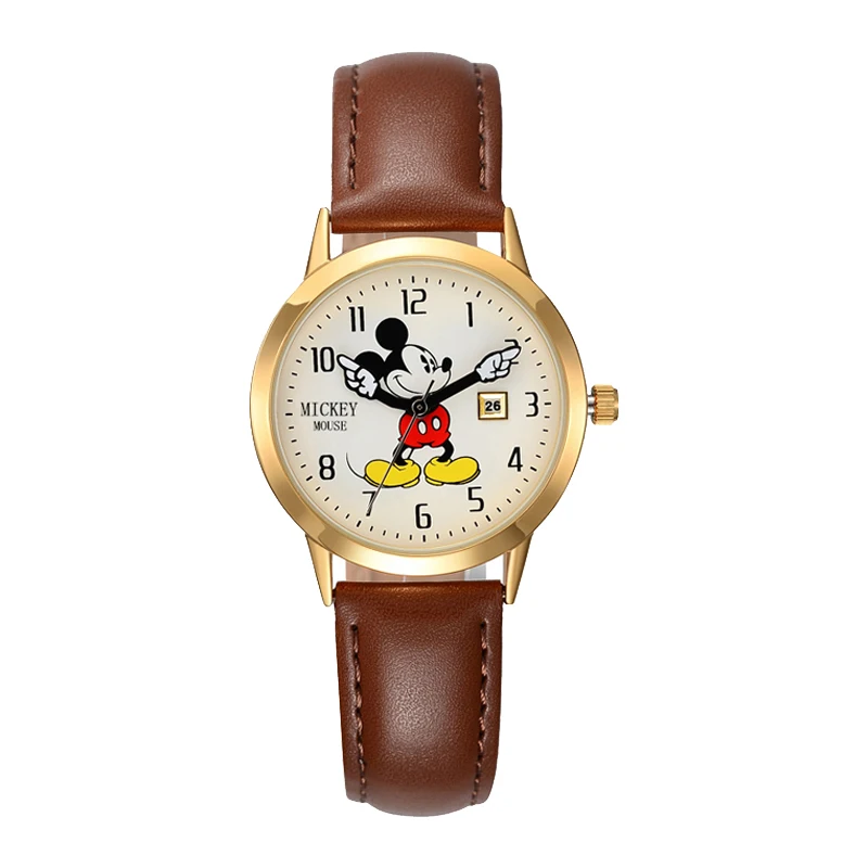 Бренд disney Микки Маус женские часы женские мужские кожаные кварцевые часы детские часы для девочек и мальчиков оригинальная подарочная коробка - Цвет: Brown Small Dial