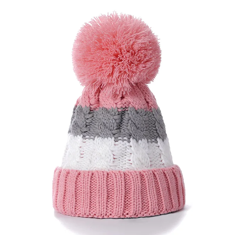 Pink Gray Новая теплая зимняя женская шапка, женская мягкая шапка с меховой подкладкой, теплый шарф для шеи, толстая цветная вязаная шапка в полоску, модная шапка с помпоном - Цвет: Pink Gray
