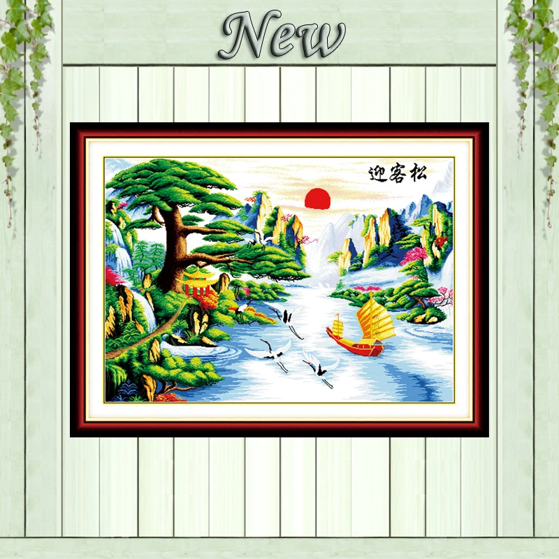 

Mountain river scenery ship pine trees painting Counted printed on canvas 14CT 11CT Cross Stitch Needlework kits Embroidery Sets