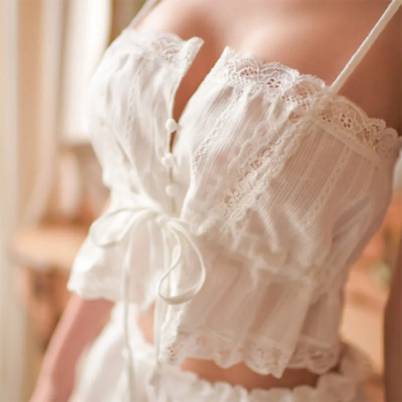 Белый Хлопковый сексуальный пижамный комплект без рукавов с завязками на талии