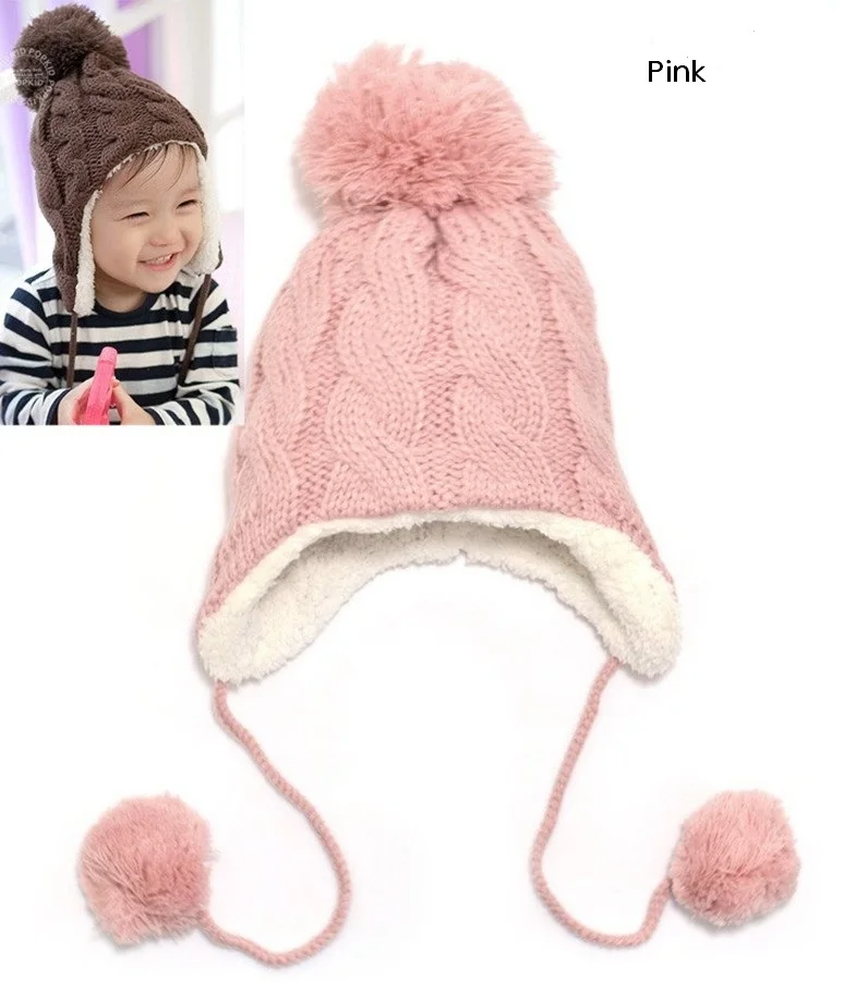 Baby Hat Children Knitted Hats Kids Winter Warm Crochet Cap Girls Boys Beanie Bomber Ear Girl Boy Ball Caps | Детская одежда и