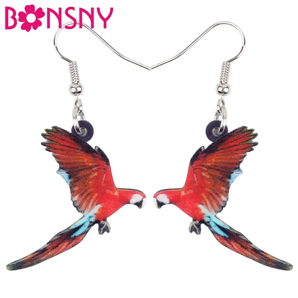 

Bonsny Acrylic Red-and-green Macaw Parrot Bird Earrings Big Long Dangle Drop Tropic Animal Jewelry For Women Girls Summer Charms