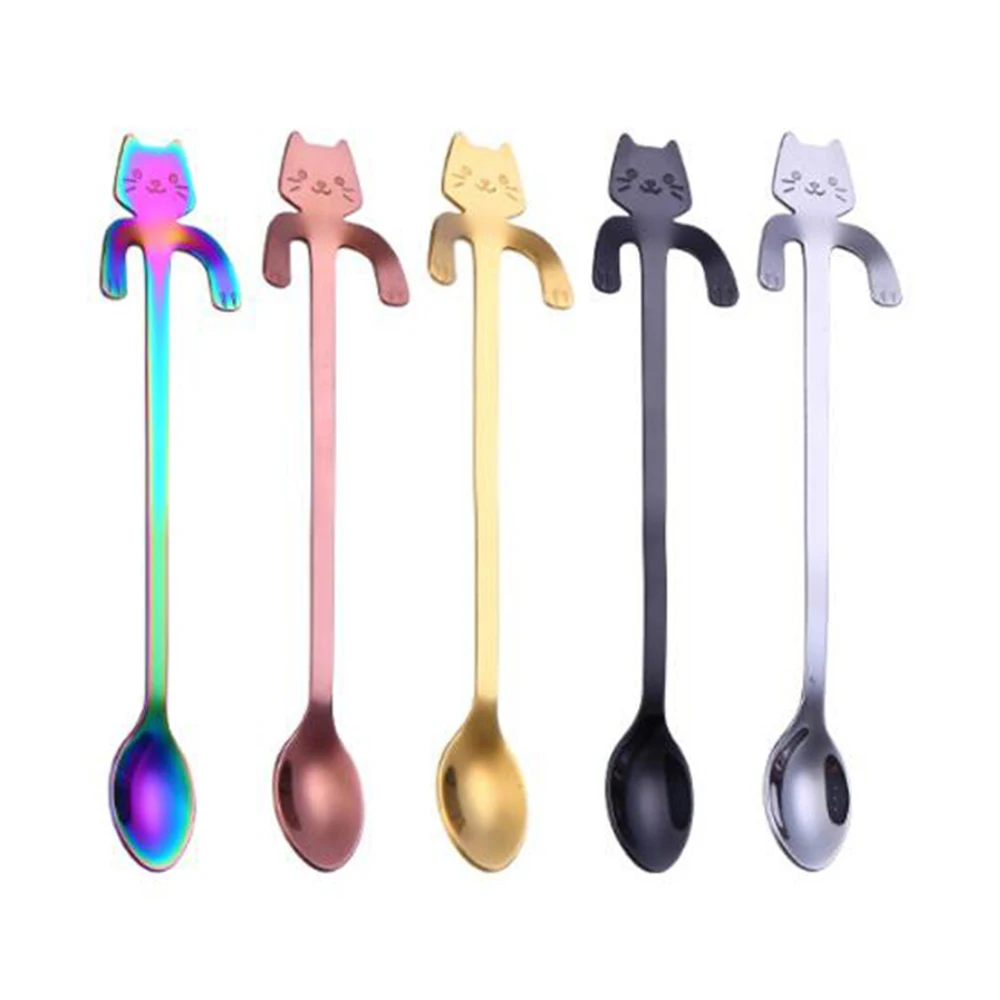Various 5pcs 4 шт. мини-ложки из нержавеющей стали для кошки, котенка, кофе, чая, десерта, напитков, смешивания, ложка для молочного коктейля, набор посуды, кухонные принадлежности - Цвет: Various 5pcs